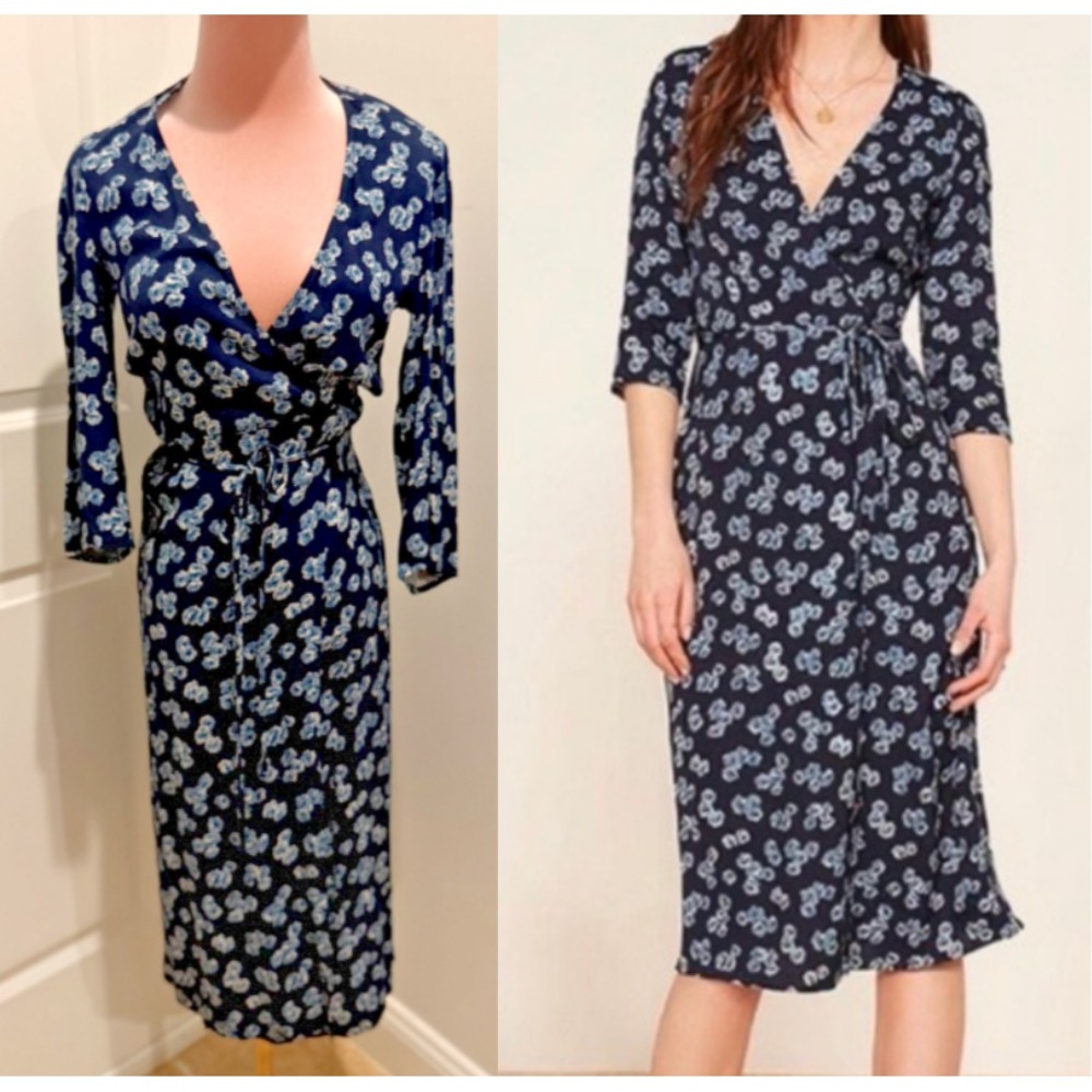 Reformation X-Small EUC Carrie Wrap Dress Navy Blue Floral Midi 3/4 Sleeve $248‎